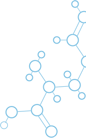 A blue and black background with a large molecule structure.