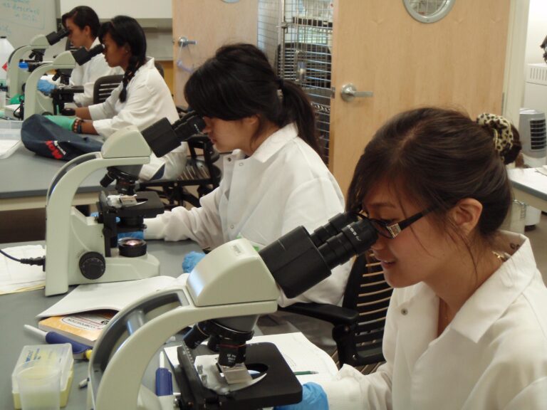 Students looking in microscopes